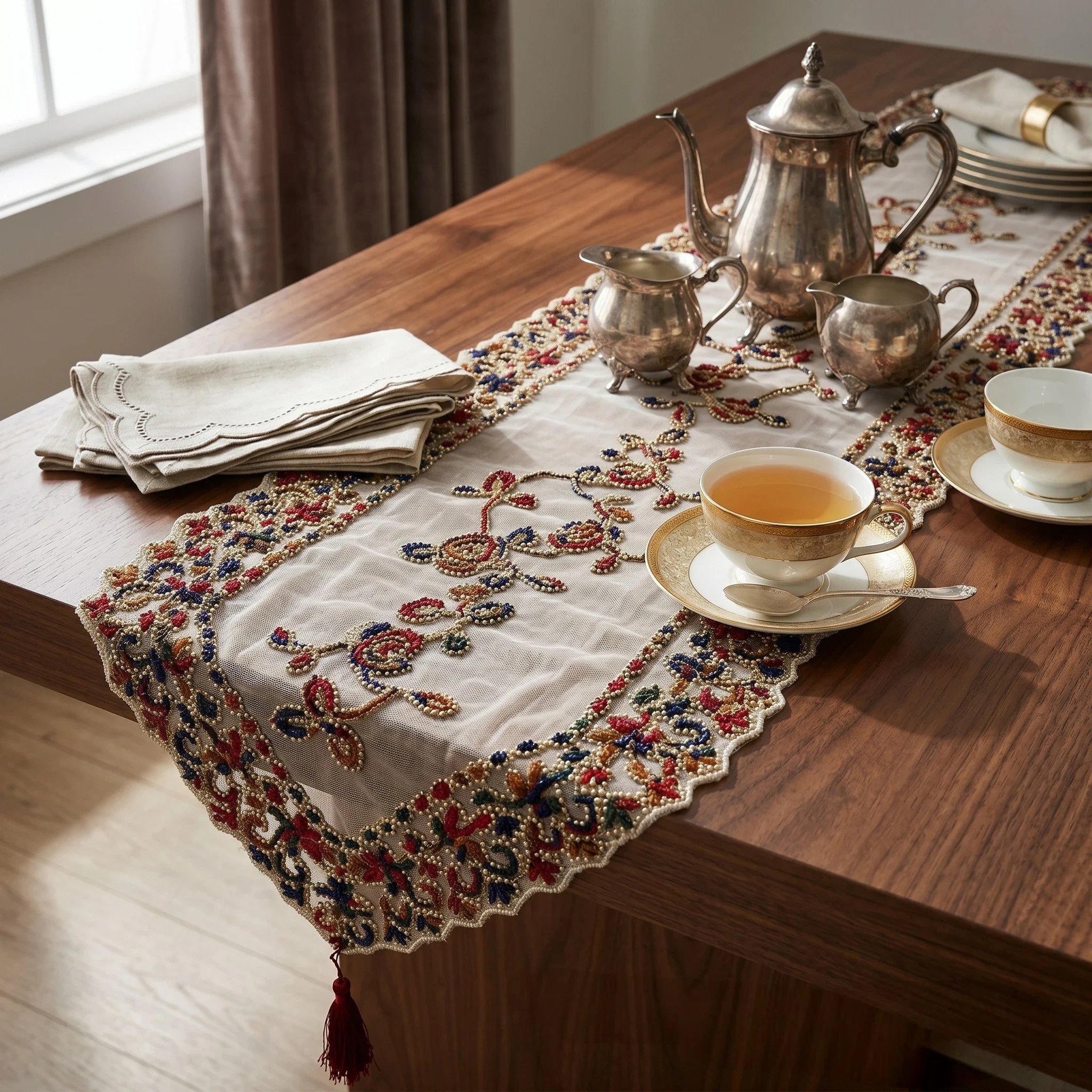 Sheer table runner with multicolor embroidery Colorful embroidered sheer table runner 16x72 inch