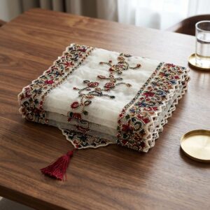 Sheer table runner with multicolor embroidery