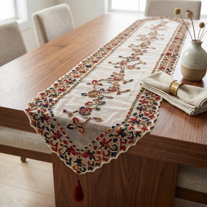 Embroidered sheer runner for console table