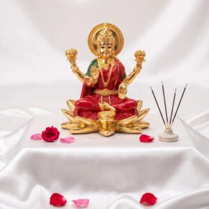 Goddess Lakshmi on Lotus Idol - 24k Gold coated Idol