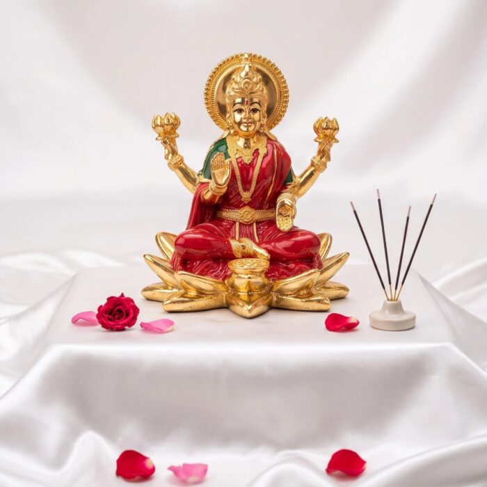 Goddess Lakshmi on Lotus Idol - 24k Gold coated Idol