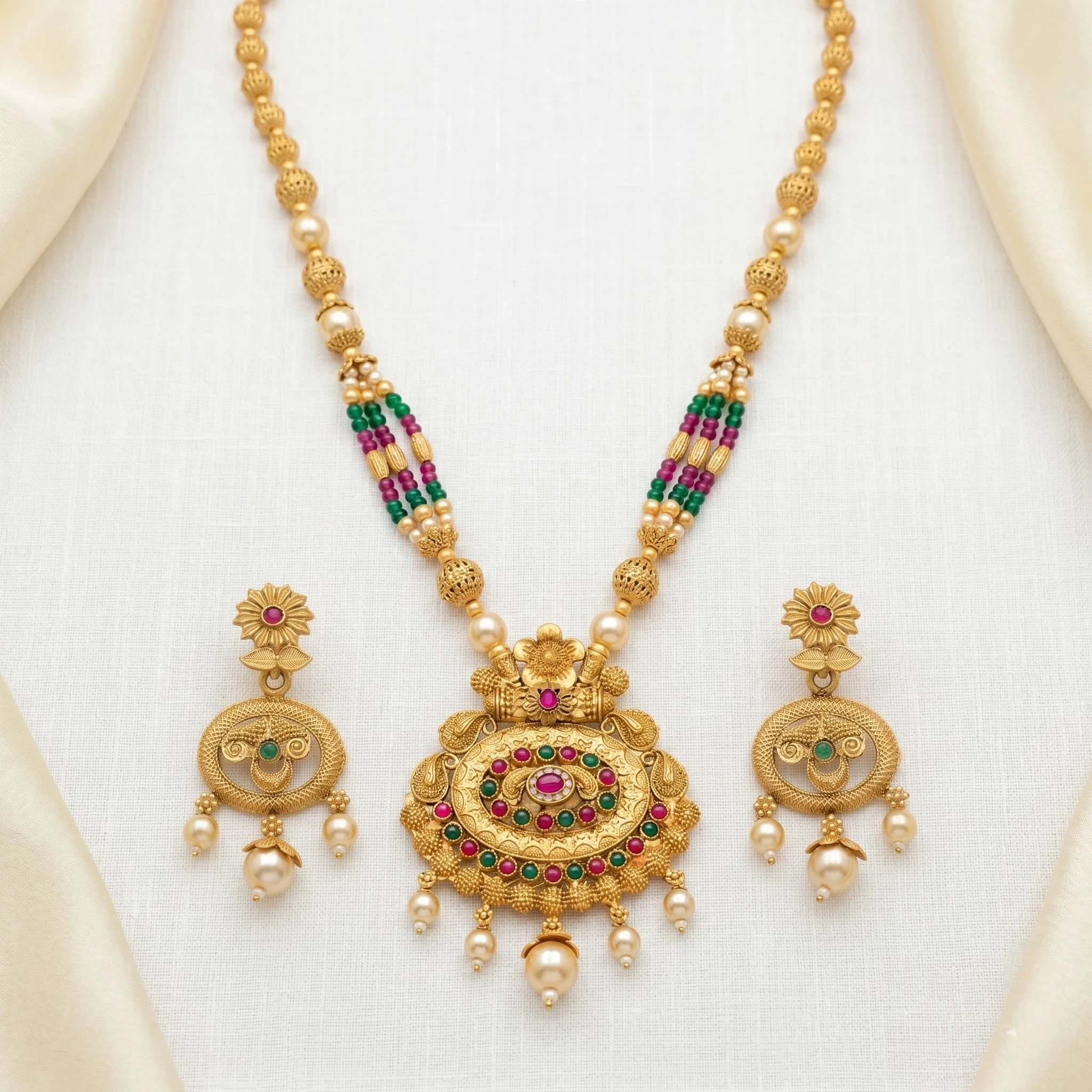 Ethnic fashion jewelry for saree and lehenga Golden matte necklace set with matching earrings