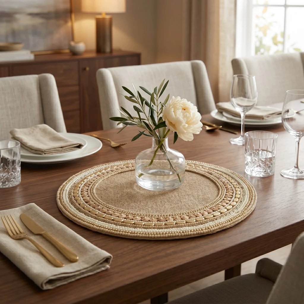 jute table placemat Premium jute and beaded placemat for festive dining table
