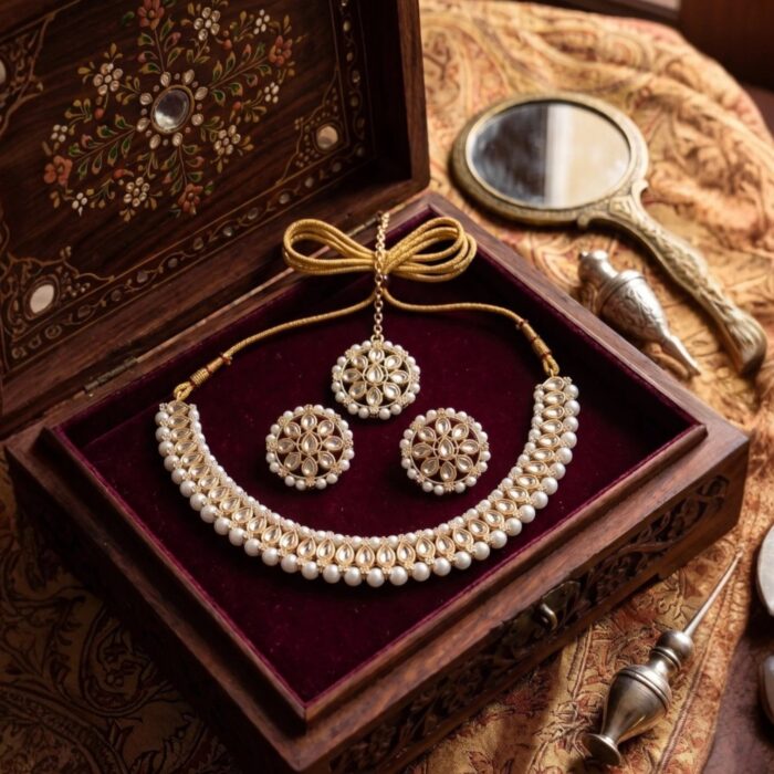Elegant Kundan Necklace set with matching earrings and Maang tikka | Perfect party wear ethnic jewellery from India