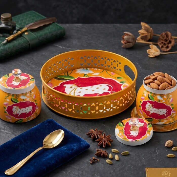 Pichwai art Tray Set - 2 Jar and tray set | Metal Jars and Tray set