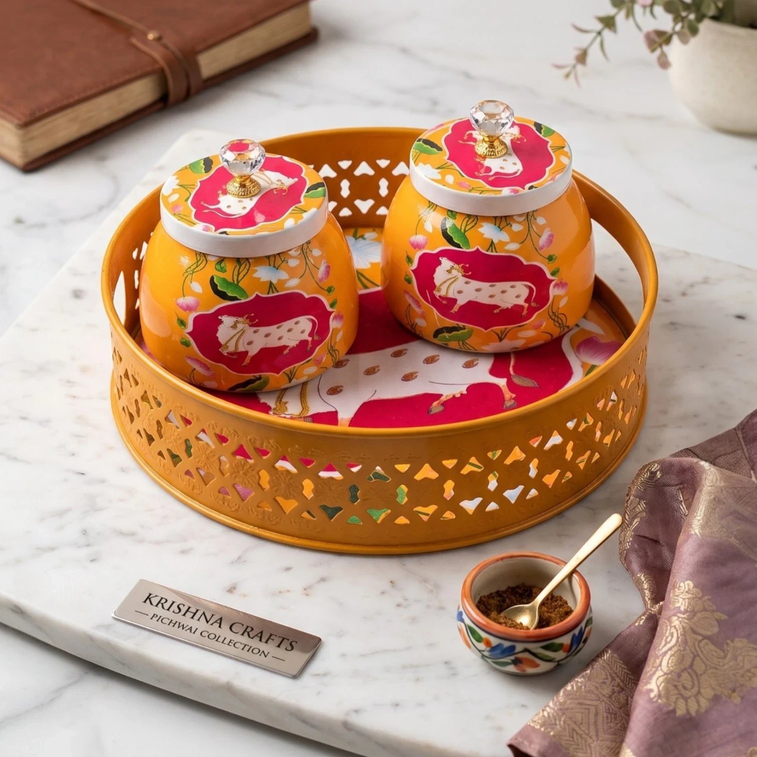 Pichwai art Tray Set - Great Diwali gift for friends and family