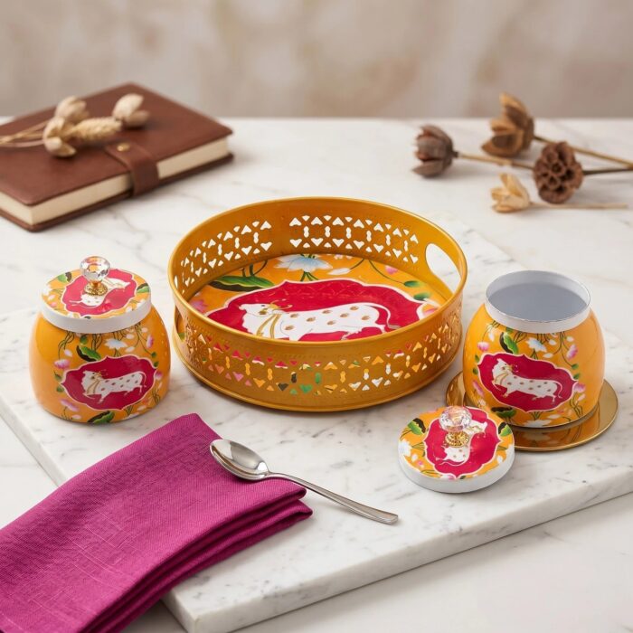 2 Jar Tray set with Pichwai art work with Cow art| Dry fruit serving set | Diwali Gift