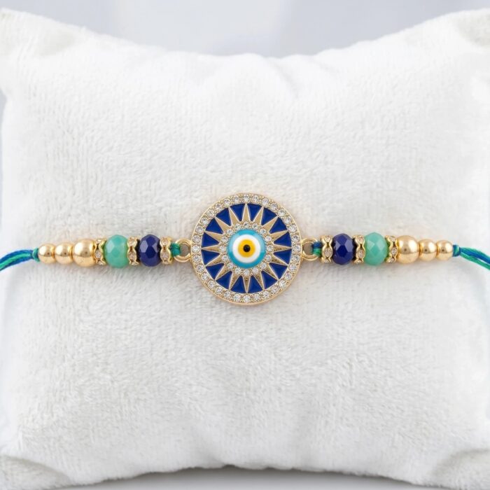 Blue Evil Eye Rakhi with Sparkling CZ Stones on Decorative Thread