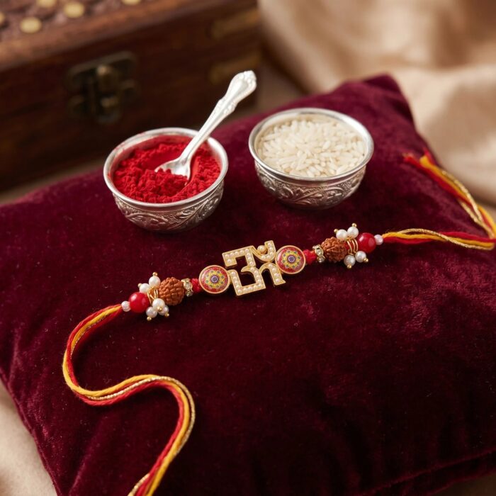 Premium Om Rakhi with a Rakhi Greeting Card | Send Rakhi hamper
