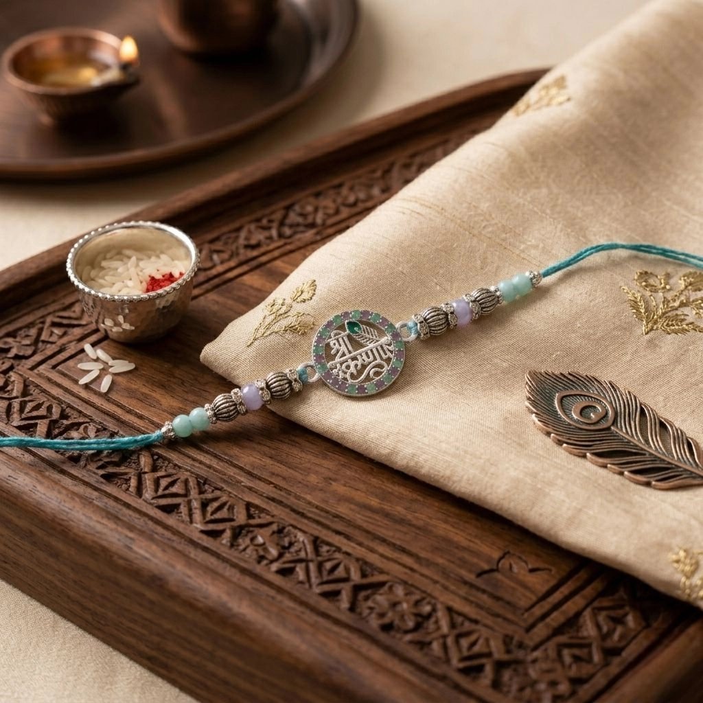 Perfect Auspicious Rakhi for your Brother in Canada Premium Rakhi with Shri Krishna centerpiece | Send Rakhi to Canada easily