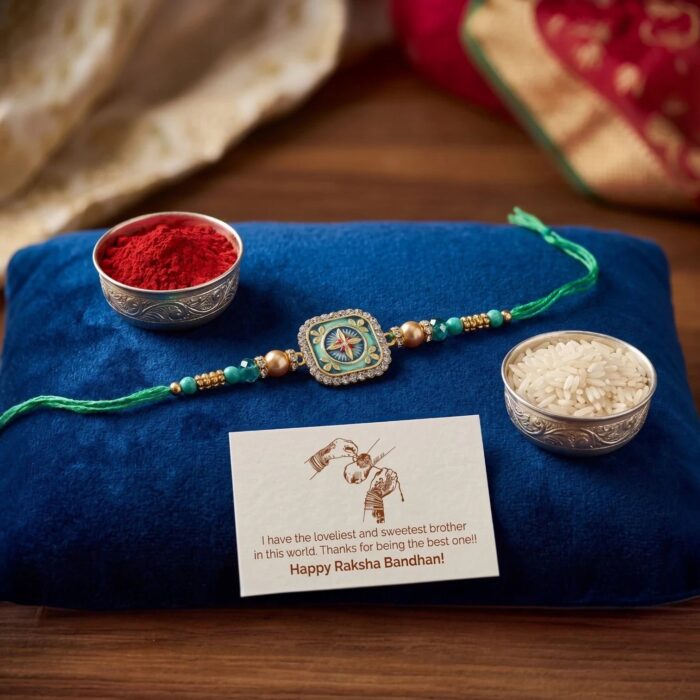Stylish Rakhi with zirconia stones and a Rakhi Card