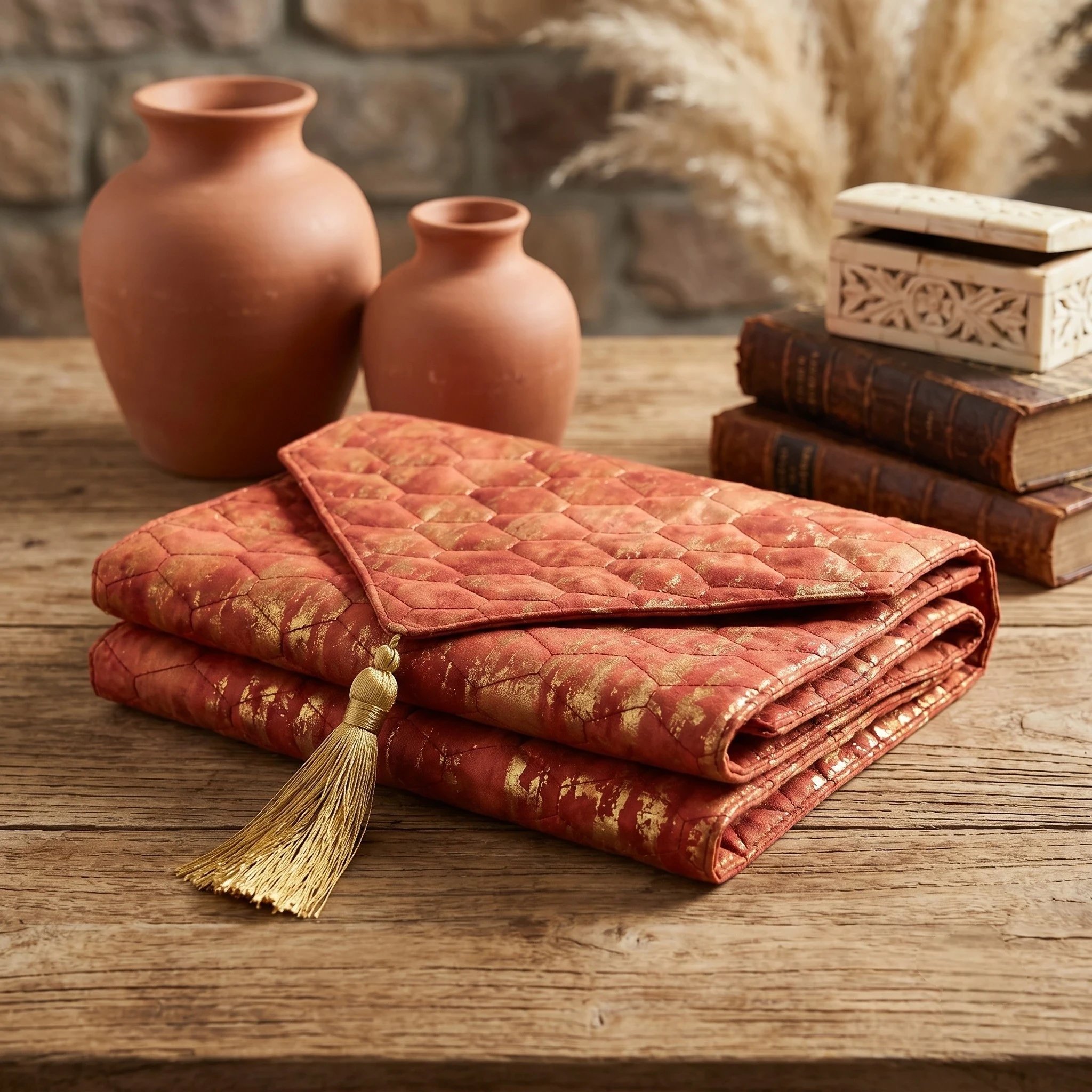 Stylish Padded Table runner with Red and Gold hues