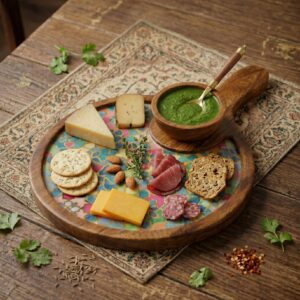 Charcuterie board with cheese crackers and dip served on mango wood platter
