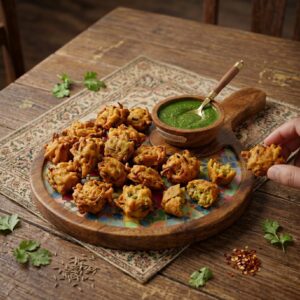 Rustic mango wood serving tray for pakoras and kababs