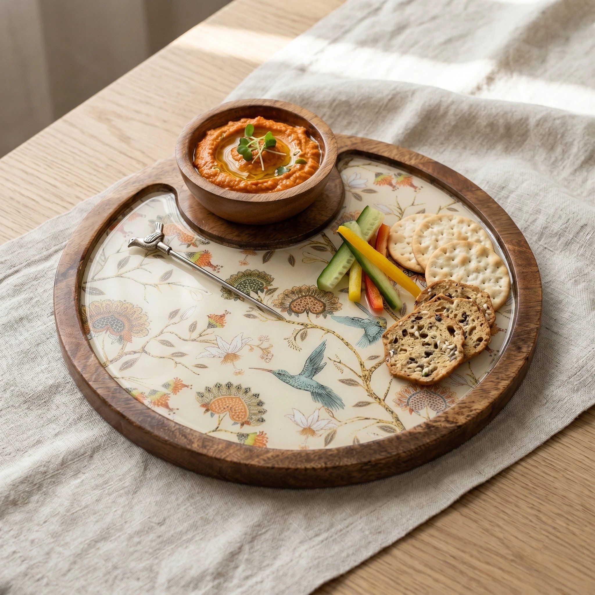 Wooden cheese and cracker board for home entertaining Mango wood charcuterie board with dip bowl round serving platter