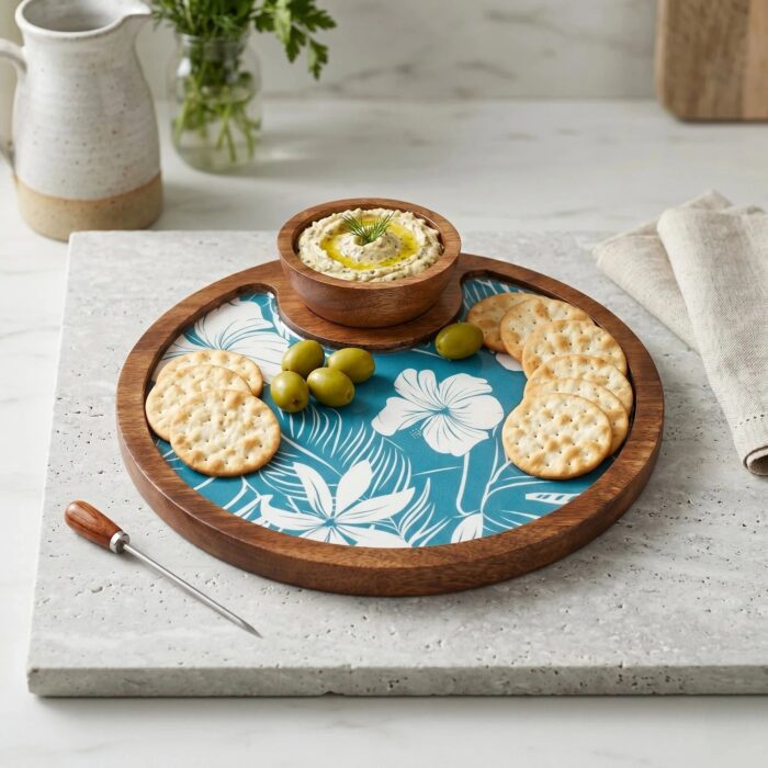Mango wood charcuterie board with dip bowl round serving platter