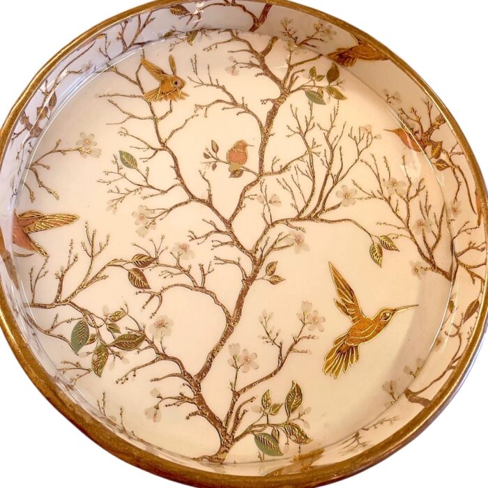 Close up of Decorative wooden coffee table tray set with gold inlay design