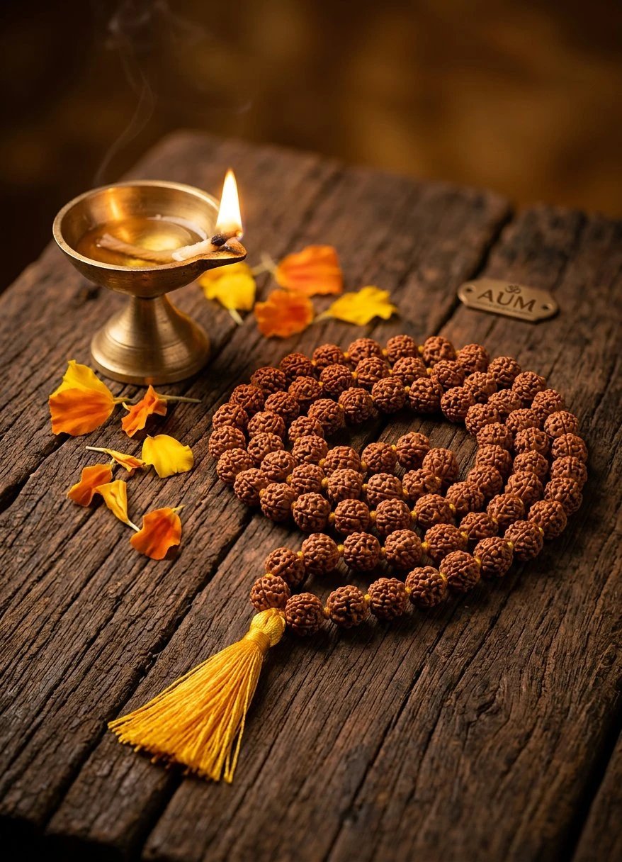 03_lifestyle_wooden_table.webp Premium Sacred 10mm bead Rudraksha Mala – 108 Beads - Image 1