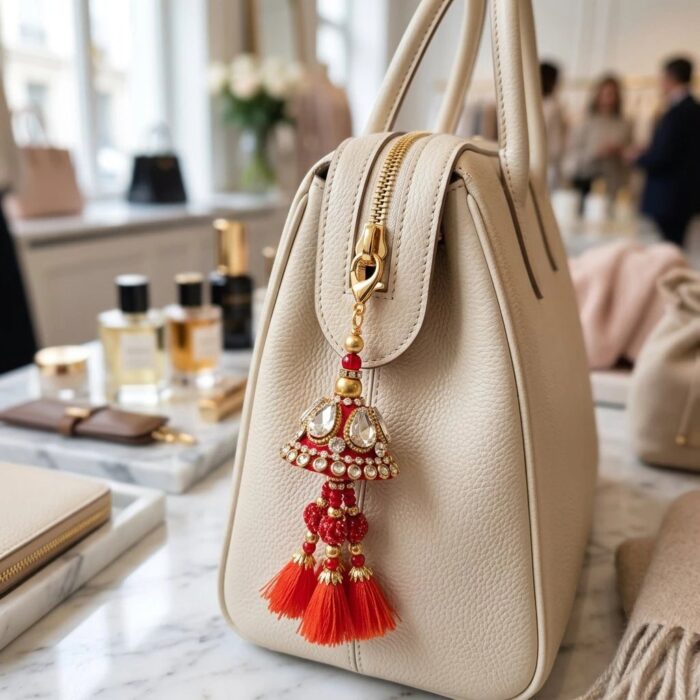 Red Kundan Bag Charm | Designer Purse Accessory - Image 4