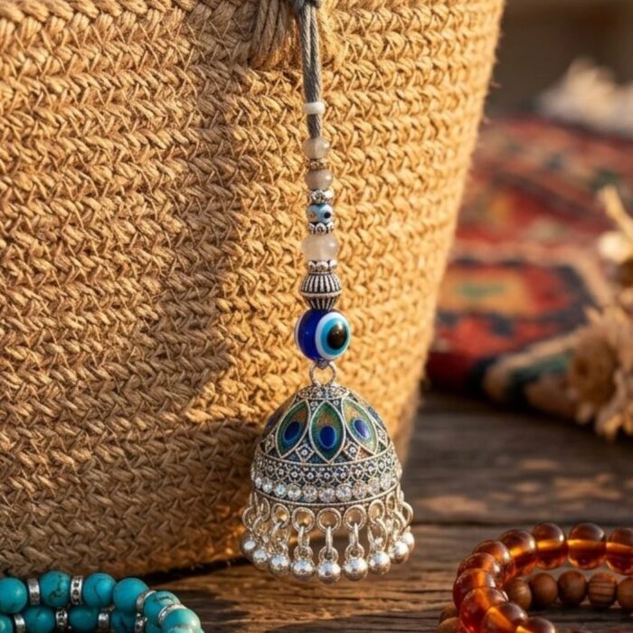 Silver Oxidized Bag Charm with evil eye