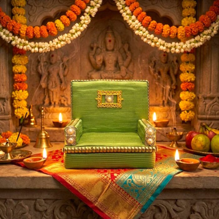 Premium Handcrafted Fabric Singhasan - Green - Large with Box | Laddu Gopal Singhasan - Image 3