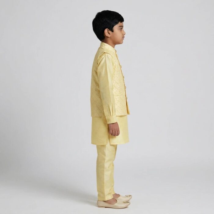 Kids Kurta Pajama Set with embroidered jacket for boys - Yellow - 8 years - Image 5