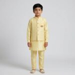 Kids Kurta Pajama Set with embroidered jacket for boys - Yellow - 8 years