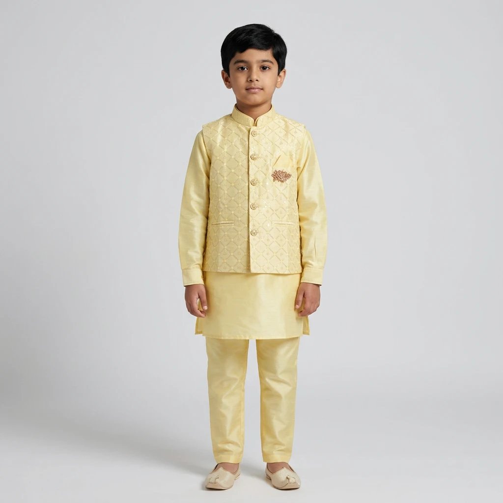 2026/07/199276.jpg Kids Kurta Pajama Set with embroidered jacket for boys - Yellow - 8 years - Image 1