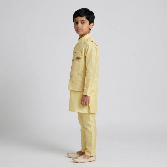 Kids Kurta Pajama Set with embroidered jacket for boys - Yellow - 8 years - Image 2