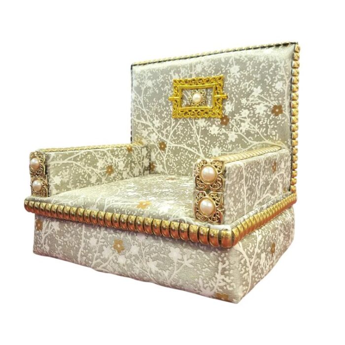Premium Handcrafted Fabric Singhasan - White-Grey - Large with Box | Laddu Gopal Singhasan - Image 2