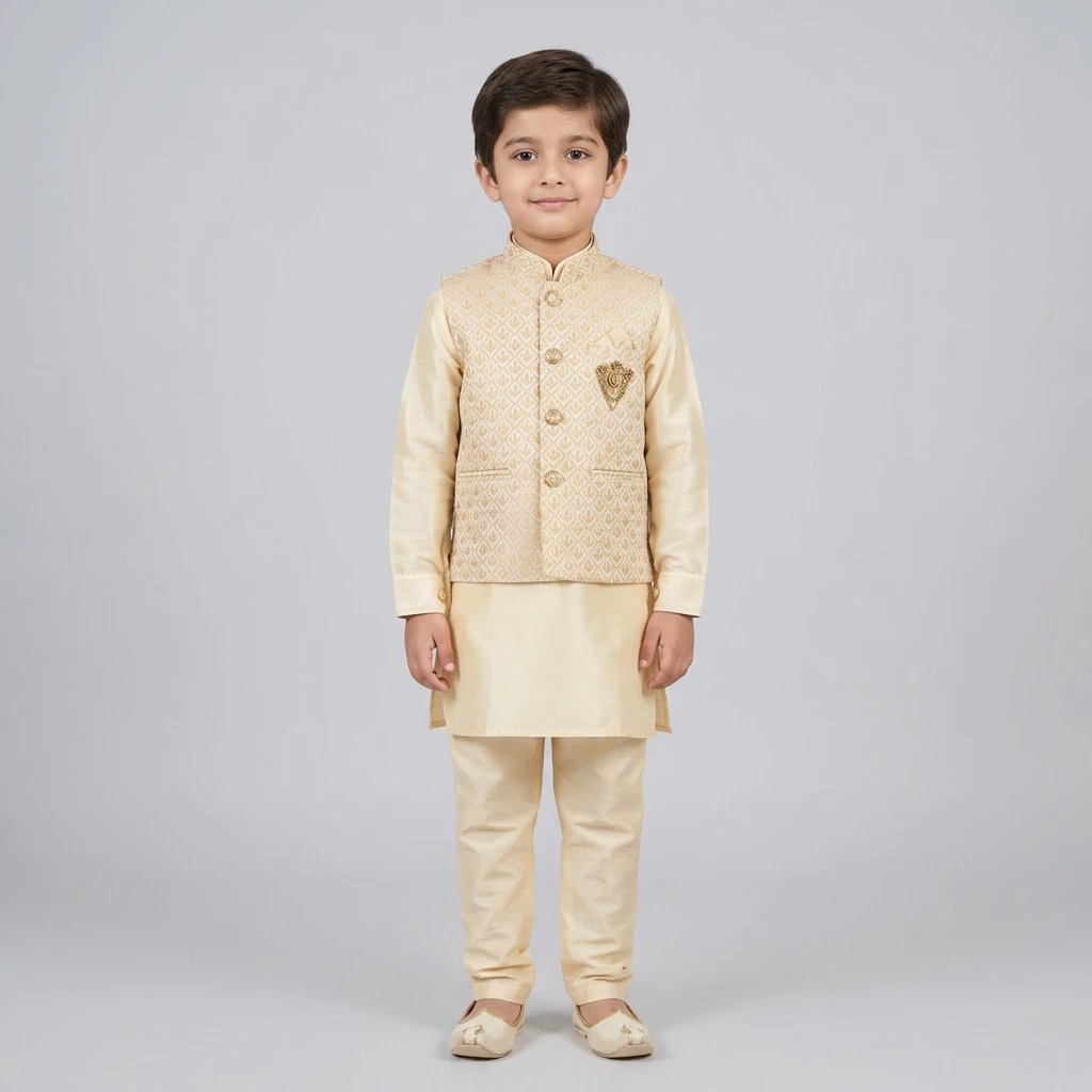 3pc kurta pajama set Kids Kurta Pajama Set with Koti Jacket - 6 years | 3 Pc ethnic wear - Image 1