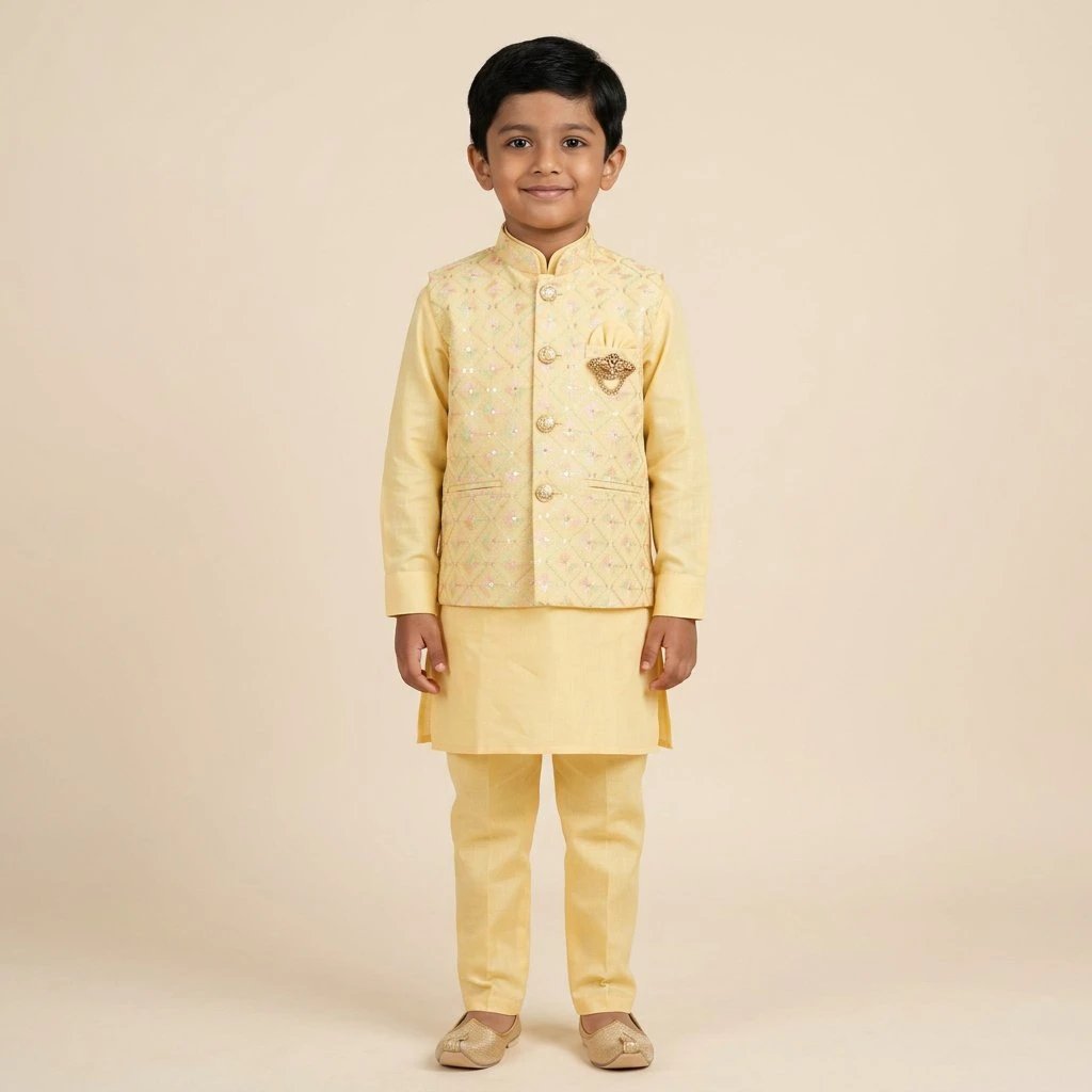 Yellow Kids Kurta Pajama Set with Jacket Age 6 Festive Kids Kurta Pajama Outfit for Diwali and Weddings
