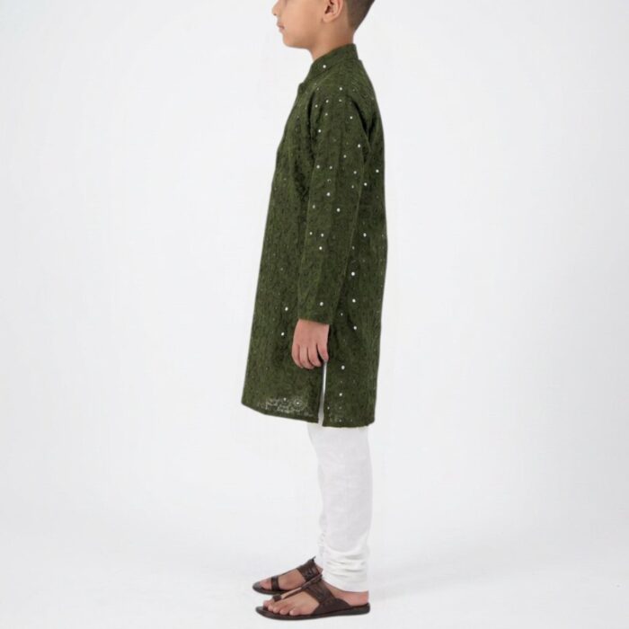 Boys Sequin Embroidery Kurta with Cotton Pajama | Mehendi Green Party wear Kurta Pajama for Kids