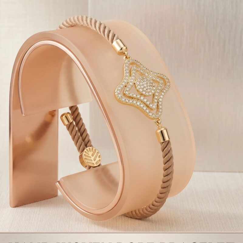 Adjustable woven cord bracelet with gold clover charm