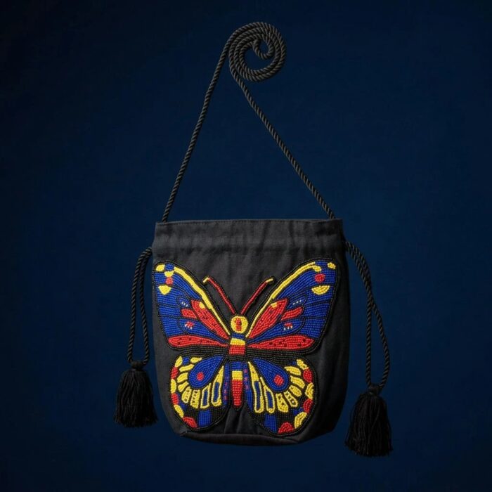Beaded Butterfly Sling Bag Black – Handmade Cotton Crossbody Bag - Image 4