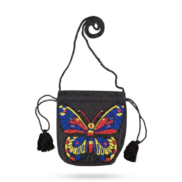 Beaded Butterfly Sling Bag Black – Handmade Cotton Crossbody Bag - Image 7
