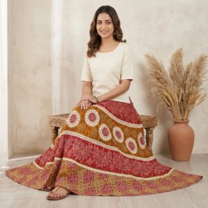 Free size cotton long skirt on model, showing 38-inch flowy maxi length and drawstring waist