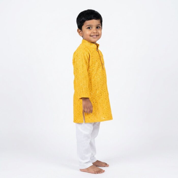 Boys Sequin Kurta with Cotton Pajama | Yellow Party wear Kurta Pajama for Kids
