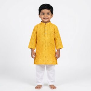 Boys Sequin Kurta with Cotton Pajama | Yellow Party wear Kurta Pajama for Kids