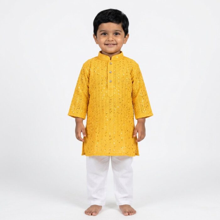 Boys Sequin Kurta with Cotton Pajama | Yellow Party wear Kurta Pajama for Kids