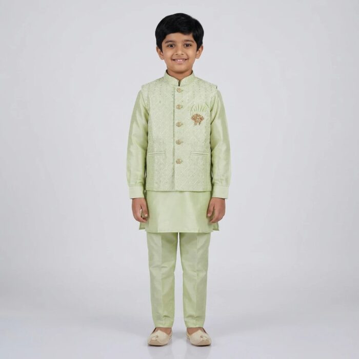 Kids Kurta Pajama Set with embroidered jacket for boys - Pista Green - 8 years - Image 3