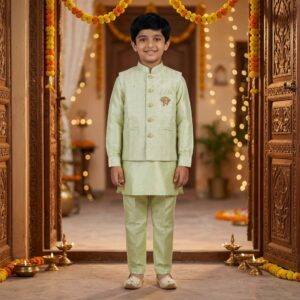 8 year Boys Ethnic Wear Set with Plain Kurta Matching Pajama and Jacket