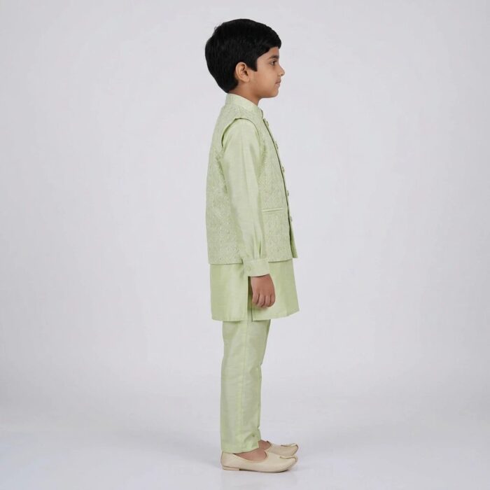 Kids Kurta Pajama Set with embroidered jacket for boys - Pista Green - 8 years - Image 5