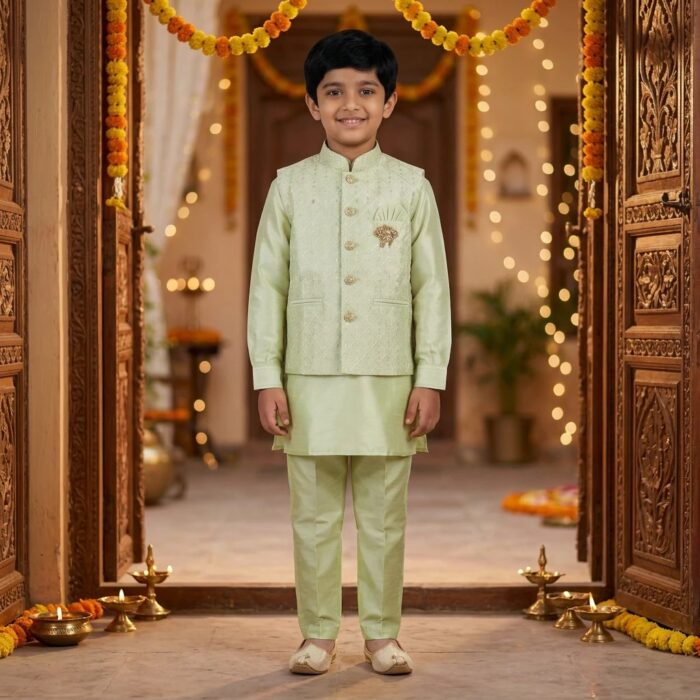 Kids Kurta Pajama Set with embroidered jacket for boys - Pista Green - 8 years - Image 7