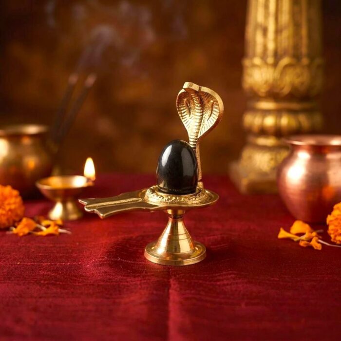 Brass Shivling Stand 5-Inch with Natural Shaligram Stone - Image 2