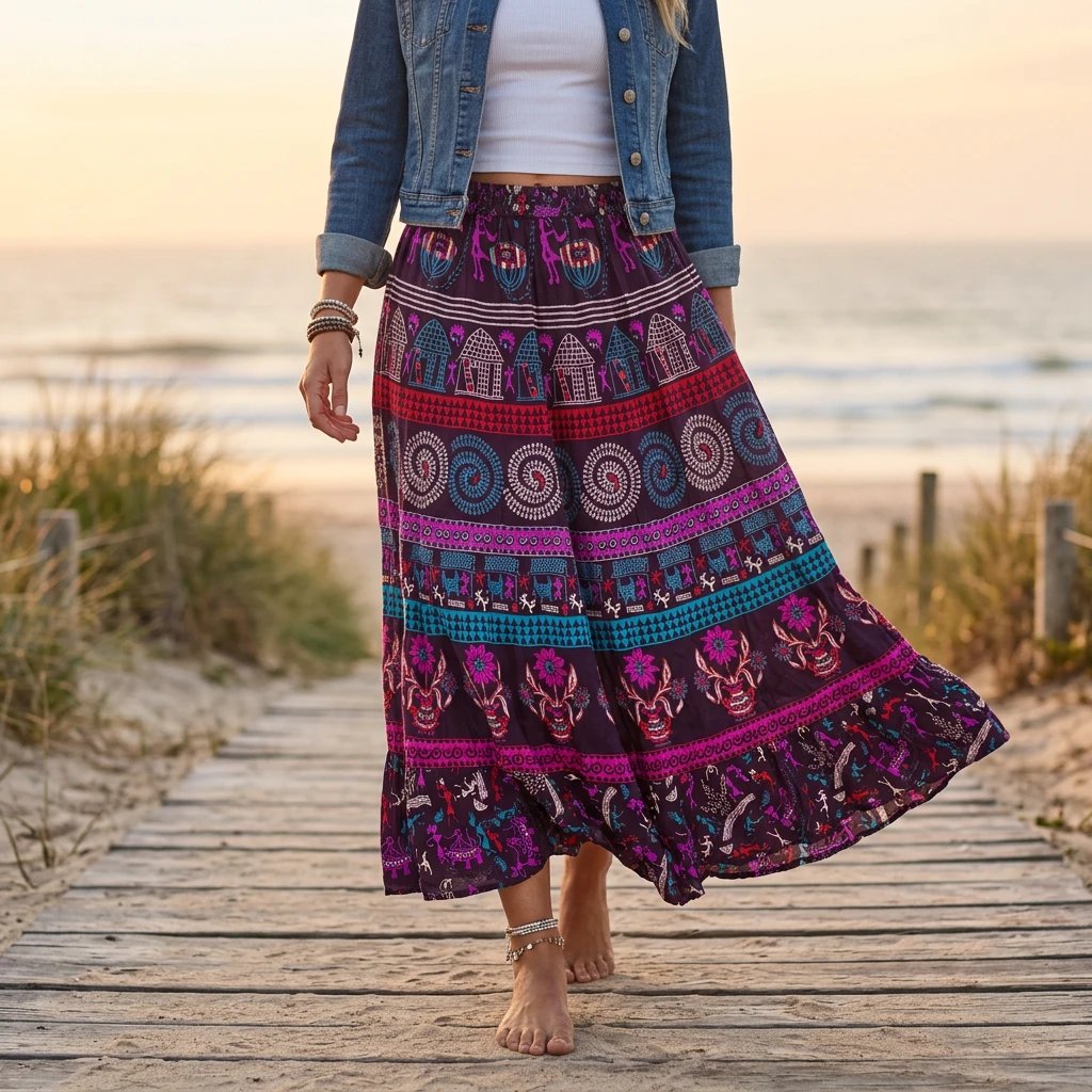 08_model_boho_outdoor.webp Printed long Cotton Skirt - Image 1