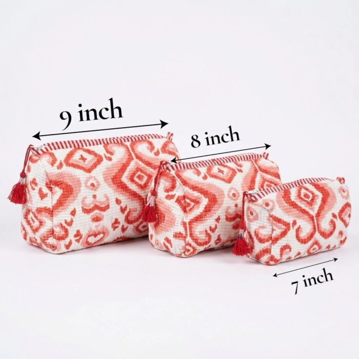 Dimensions : large 9×7, medium 8×6, small 7×5 inch red cotton travel pouches