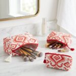 Red hand-block-printed quilted cotton 3-piece travel pouch set