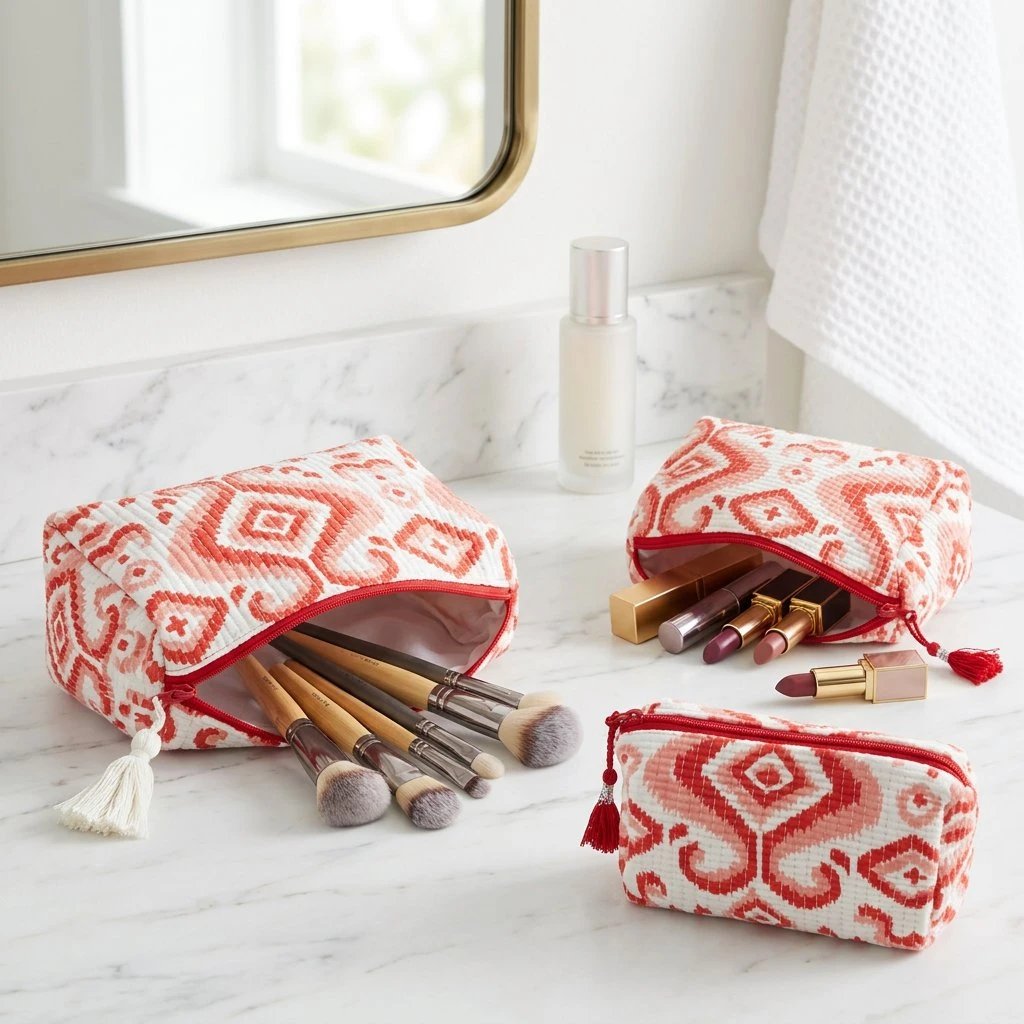 Red Block Print Travel Pouch Set- 3 Piece Red hand-block-printed quilted cotton 3-piece travel pouch set