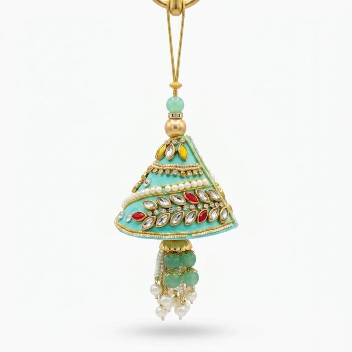 Festive Indian wedding accessory turquoise Kundan tassel Bag charm